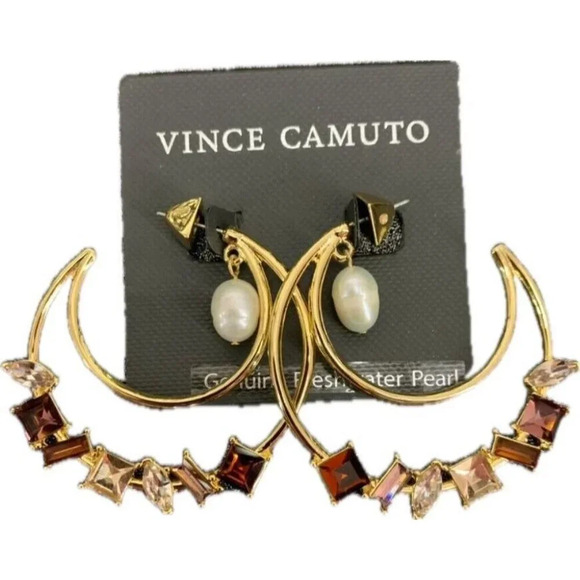Vince Camuto Fall Crystal Colors Pearl Accent Large Double Open Hoop Earrings - Picture 2 of 4